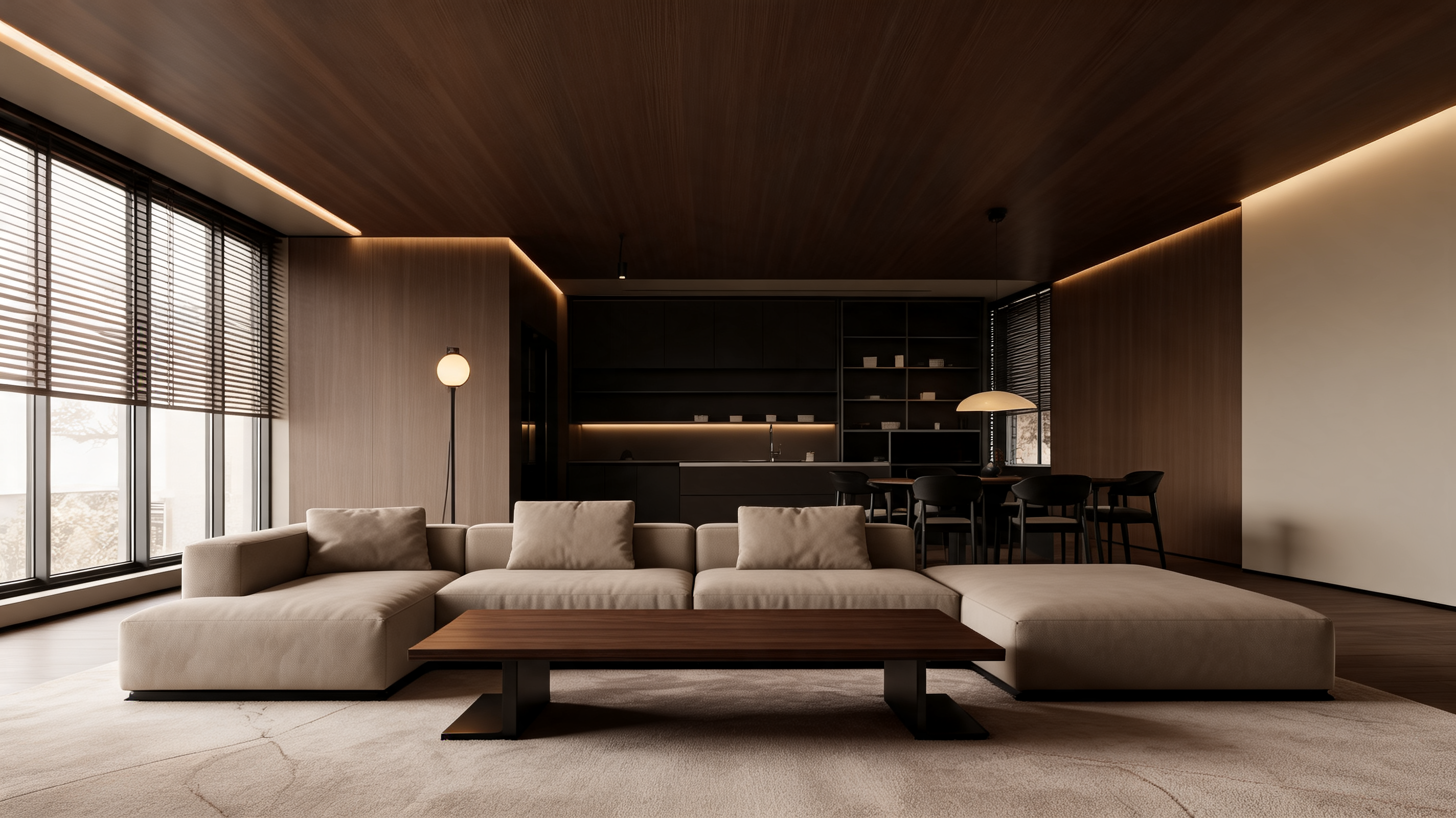 Salón de vivienda Molokai con techo de madera abierto al comedor