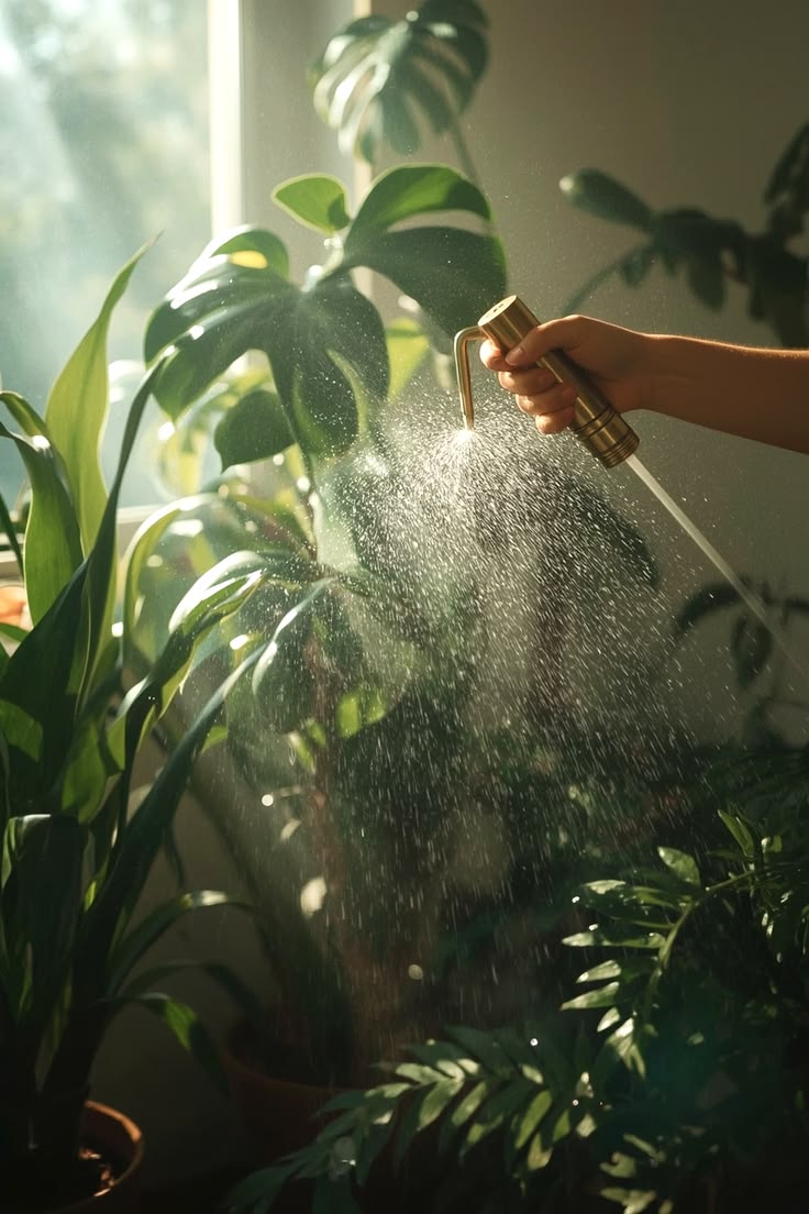 Riego de plantas de interior a contraluz