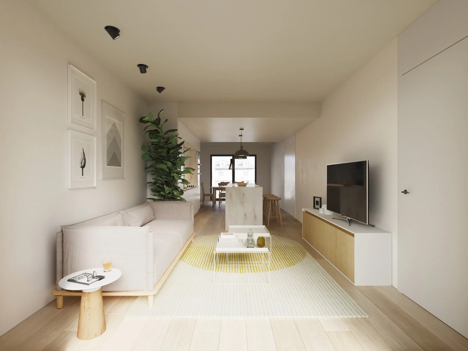 Calassanç, Granollers — salón comedor con mueble de televisión y paso a la terraza
