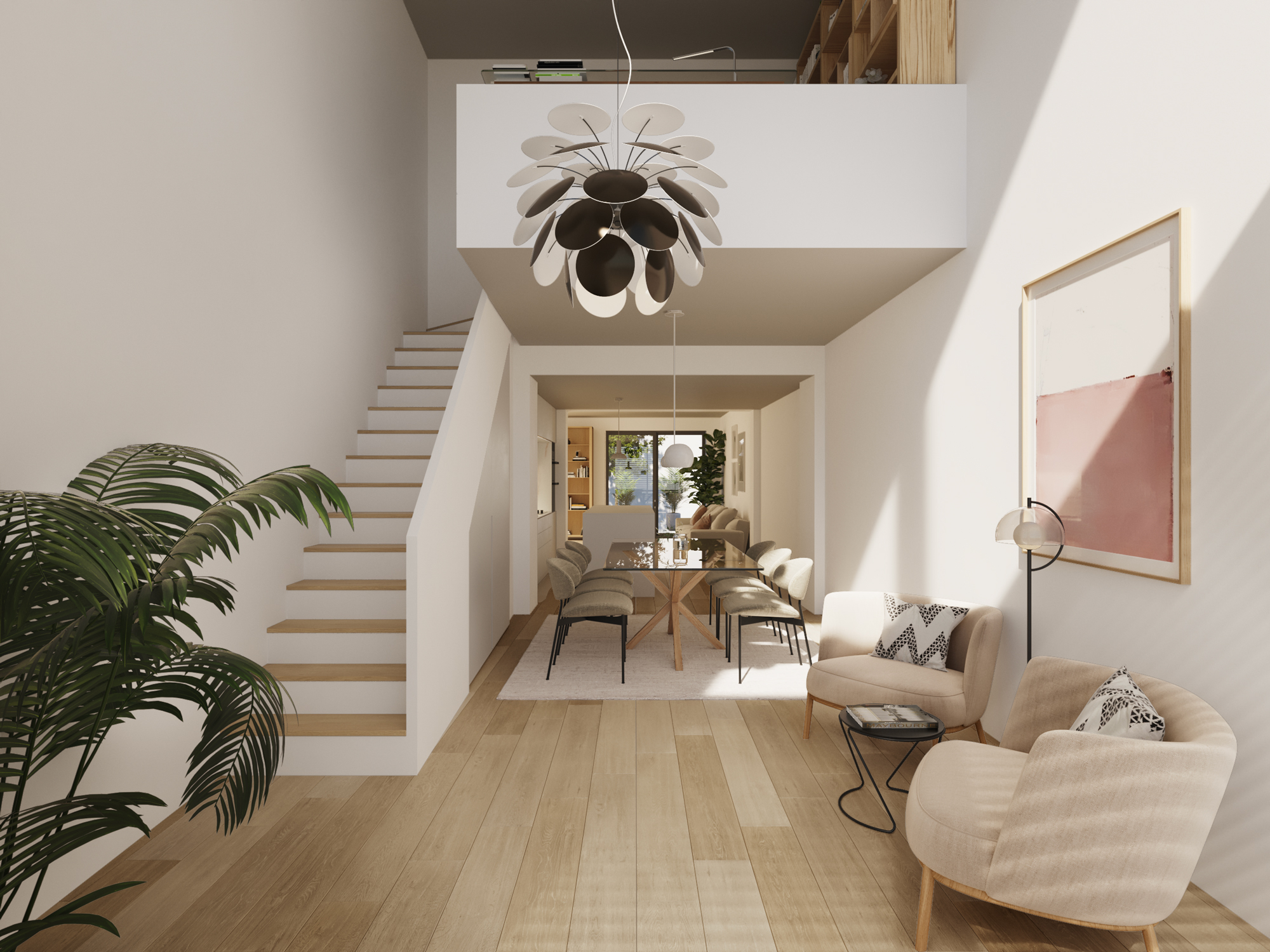 Maui, Granollers — salón a doble altura con escalera al altillo