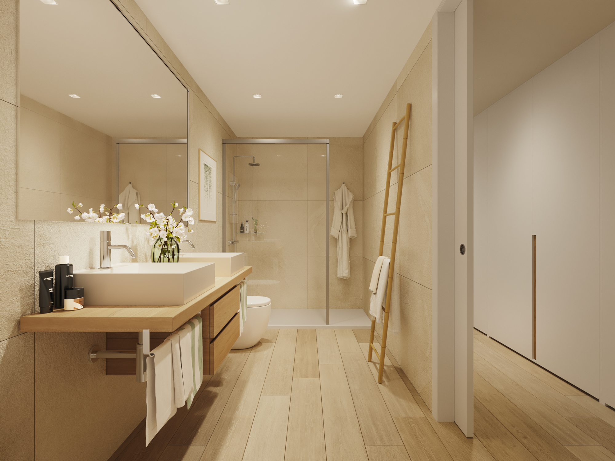 Maui, Granollers — baño con lavabo de madera y ducha