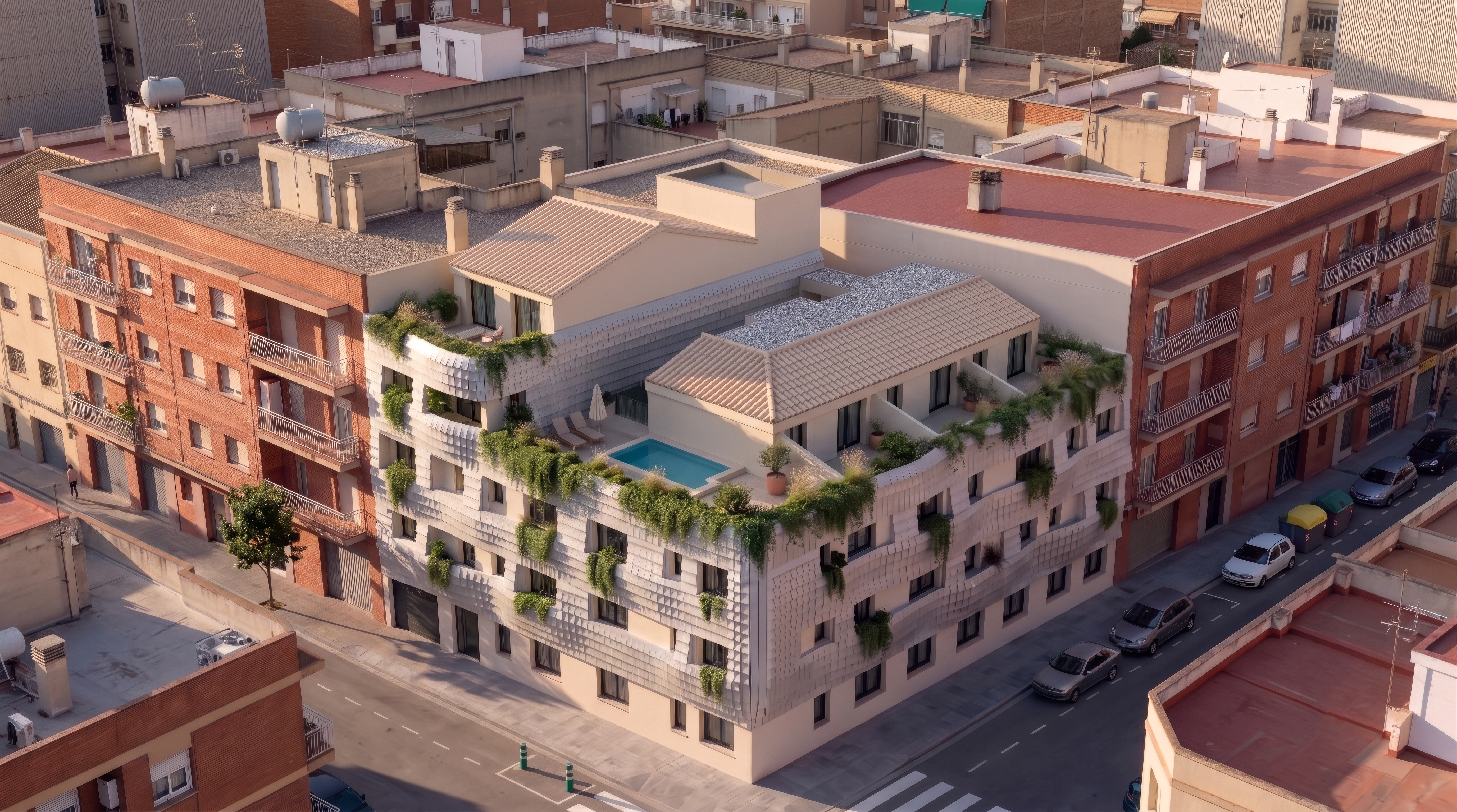 Tremelo — vista aérea del edificio y la manzana al atardecer