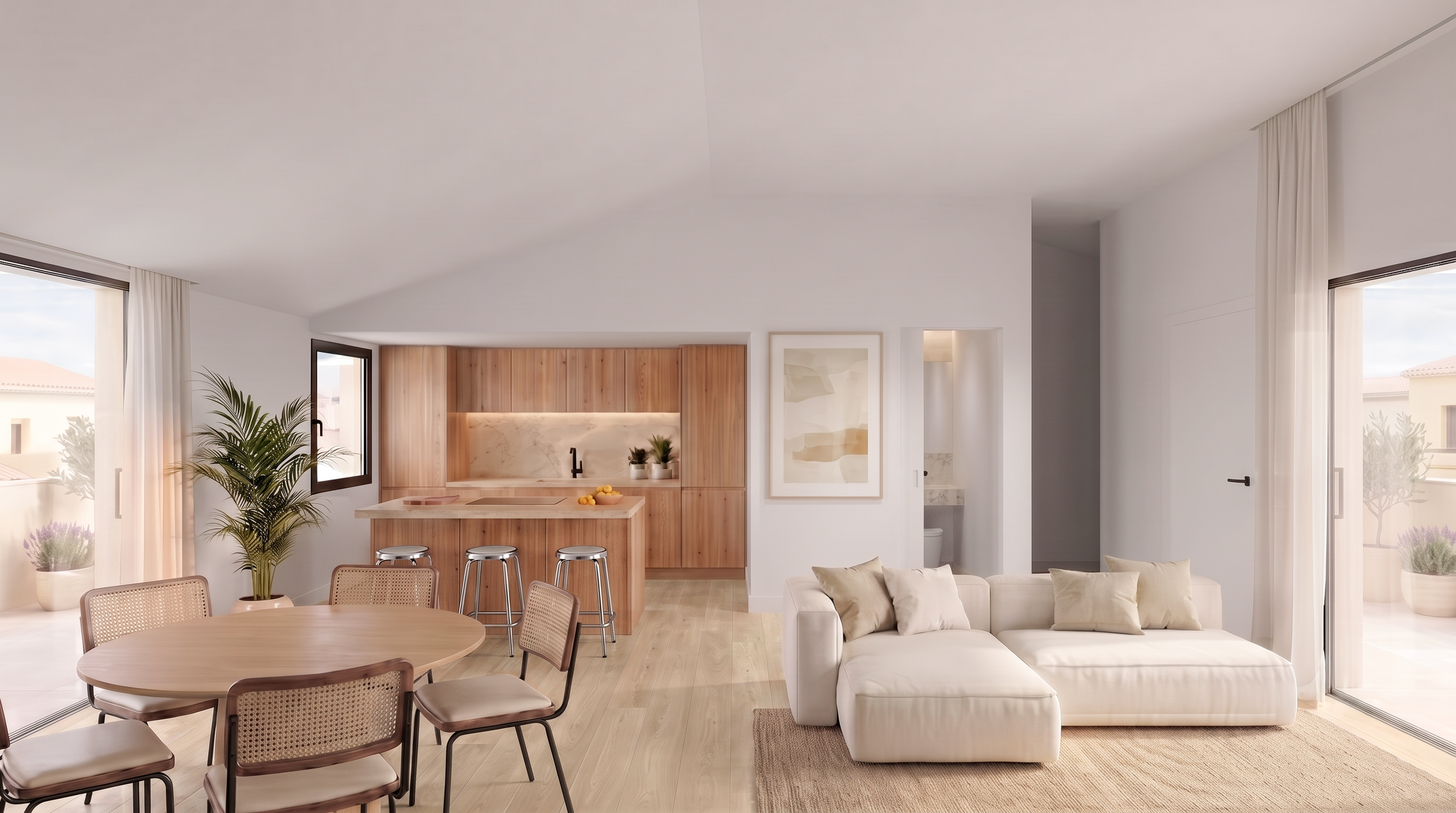 Tremelo — render del salón del ático con salida a la terraza