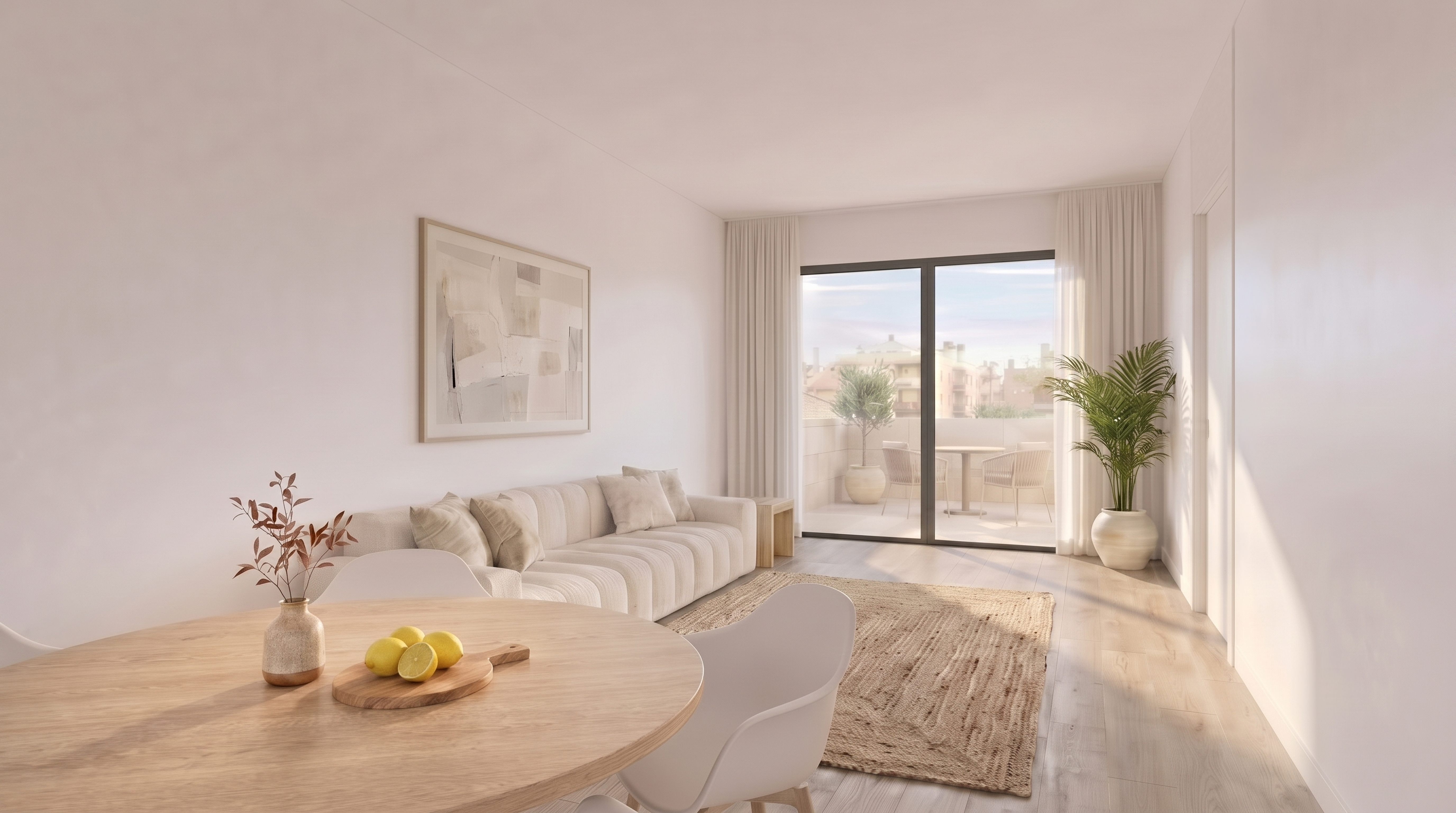 Tremelo — render del salón comedor con salida a la terraza