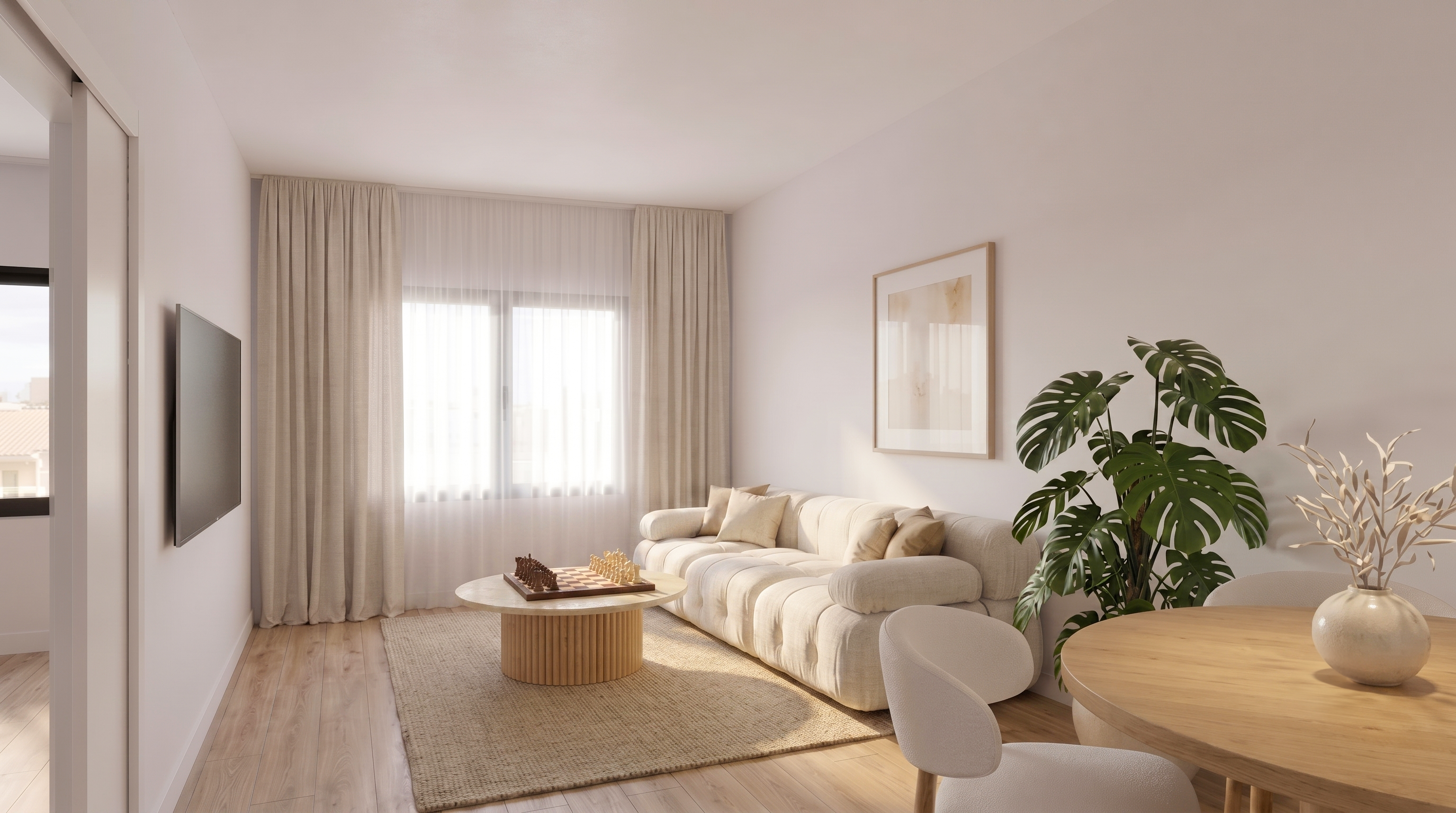 Tremelo — render del salón con sofá y comedor