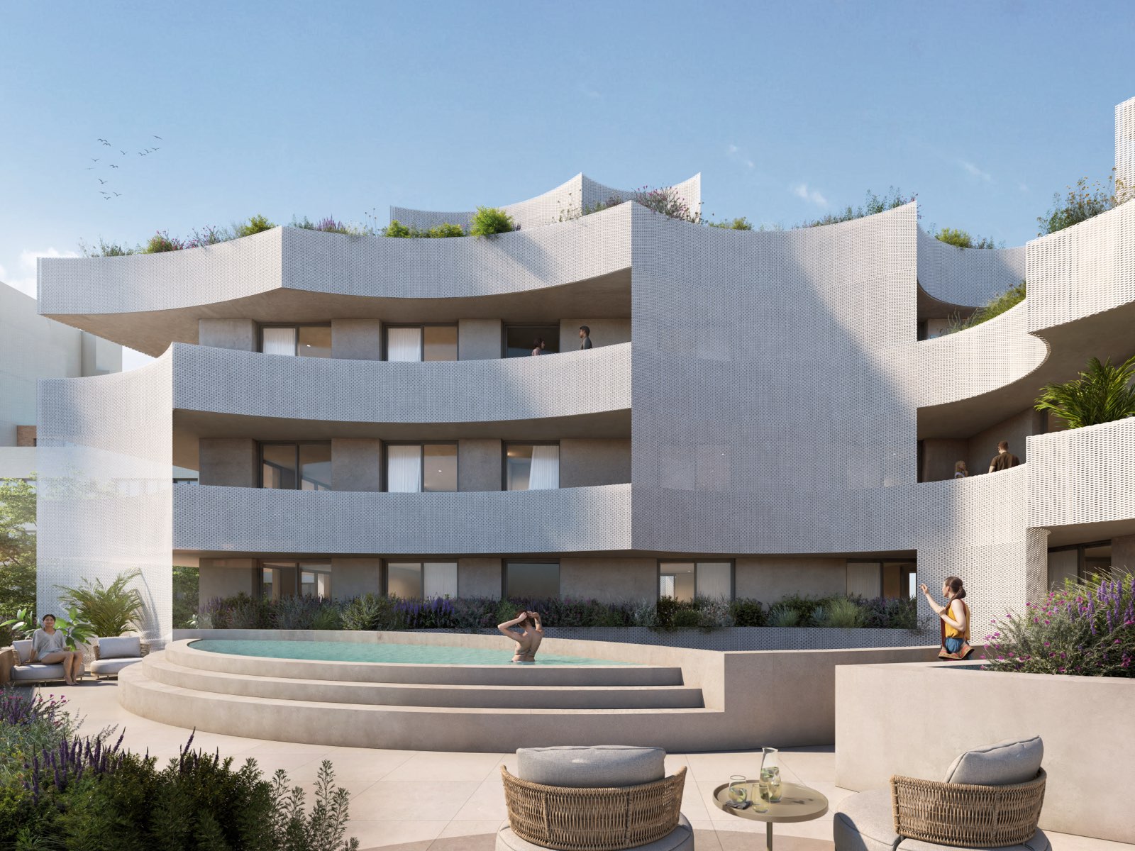 Wouters, Sabadell — fachada y zona de piscina comunitaria