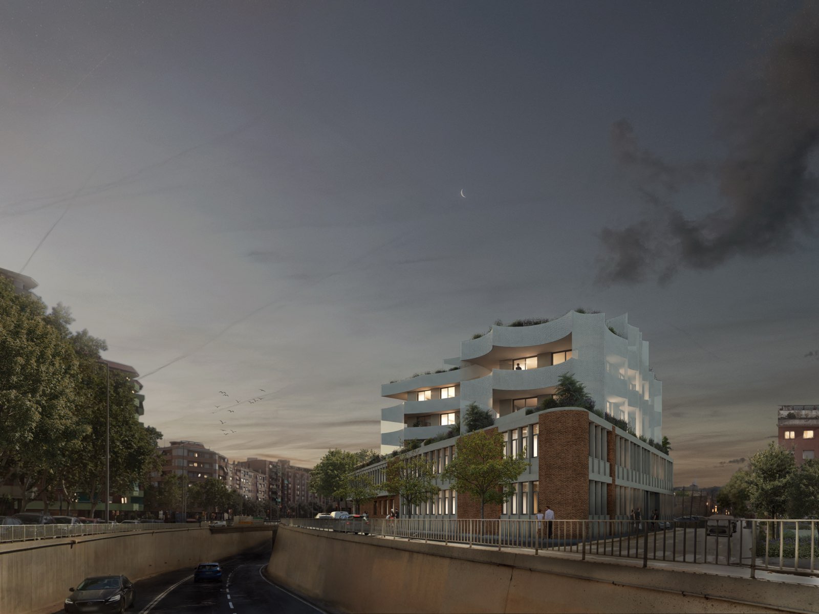 Wouters, Sabadell — el edificio al anochecer desde la calle