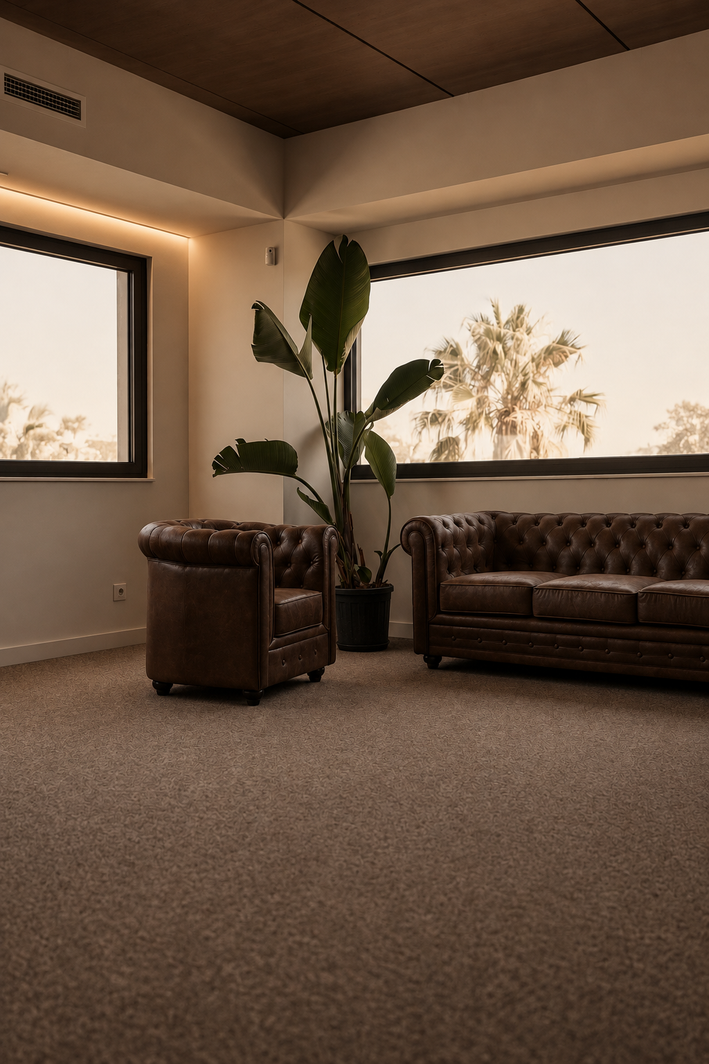 Zona de espera de la oficina con sillón y sofá chester junto a los ventanales